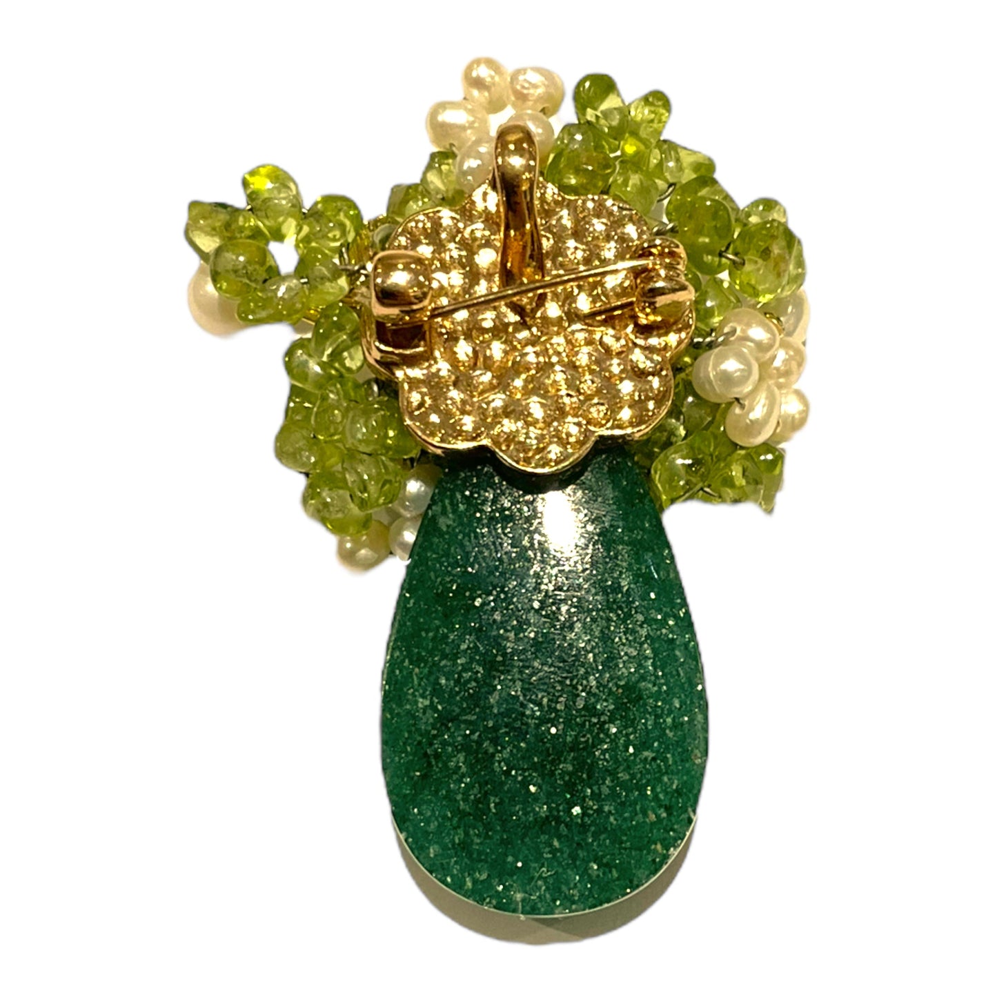 Broche fleurie en malachite, péridot et perle de rivière (Exemplaire unique)