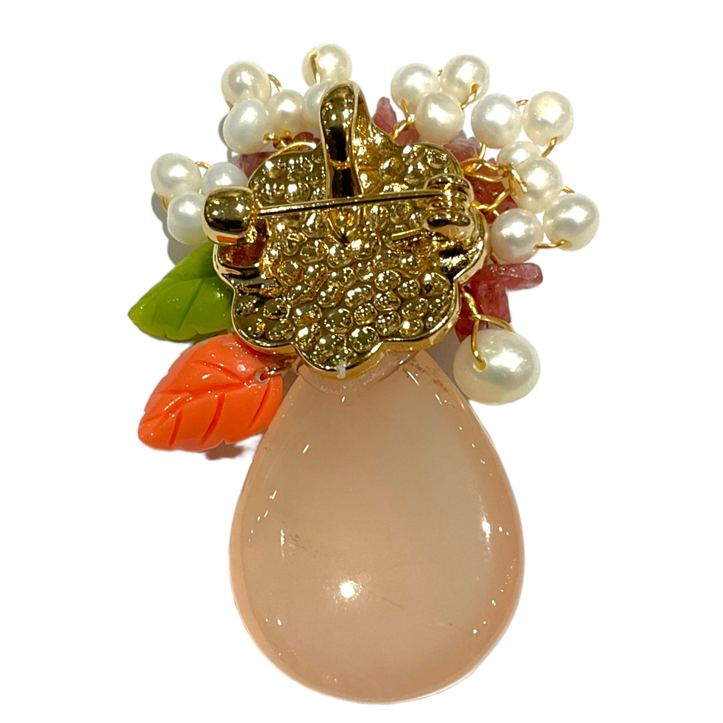 Broche fleurie en quartz rose, améthyste & perle de rivière (Exemplaire unique)