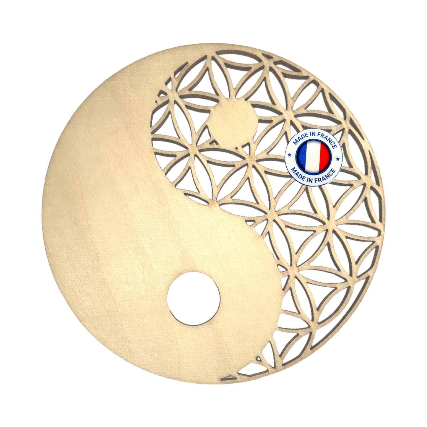 Plaque fleur de vie ying yang creuse en bois 10 cm
