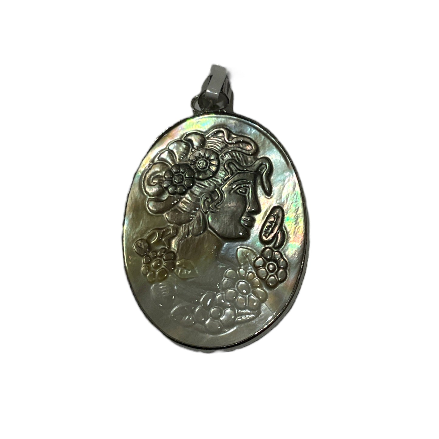 Pendentif camée femme en nacre d'abalone noire et blanche