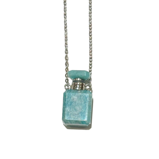 Collier fiole en amazonite  forme rectangle  pour huile essentiel/parfum