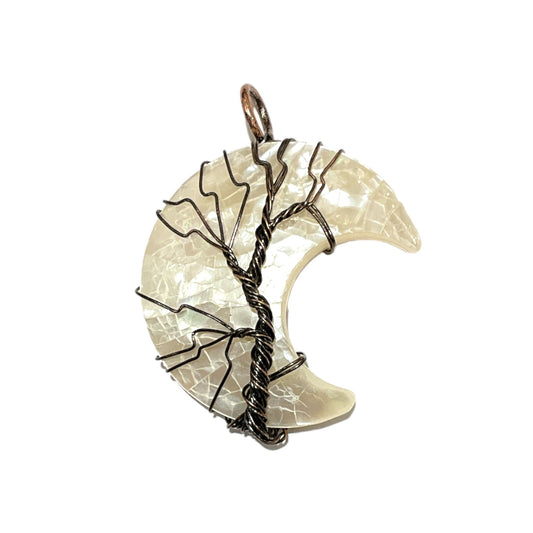 Pendentif en Arbre de vie nacre forme lune cuivrée