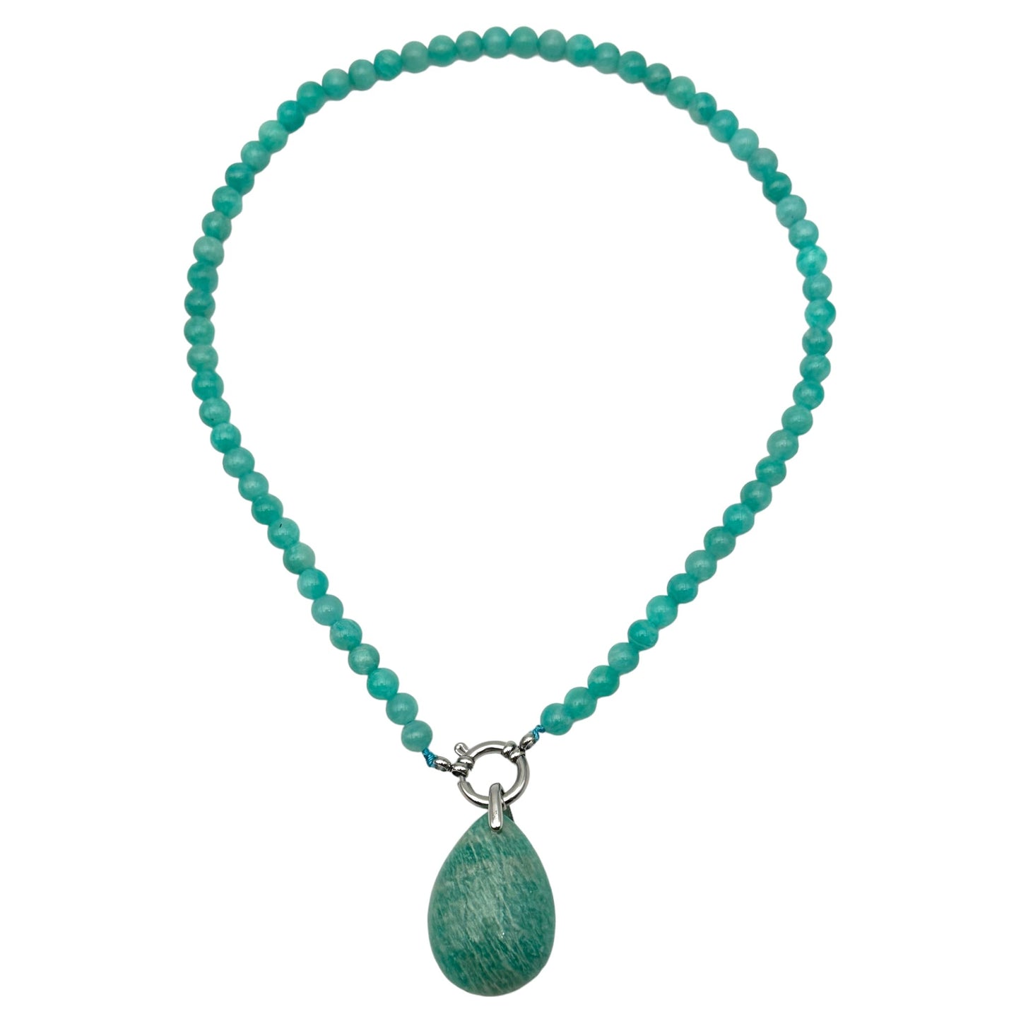 Collier boule en Amazonite du Perou A attache bouée en acier argenté avec pendentif