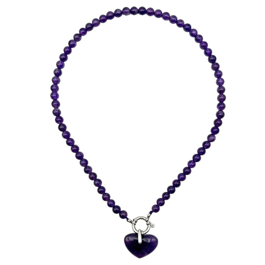 Collier boule en amethyste attache bouée en acier argenté avec pendentif coeur