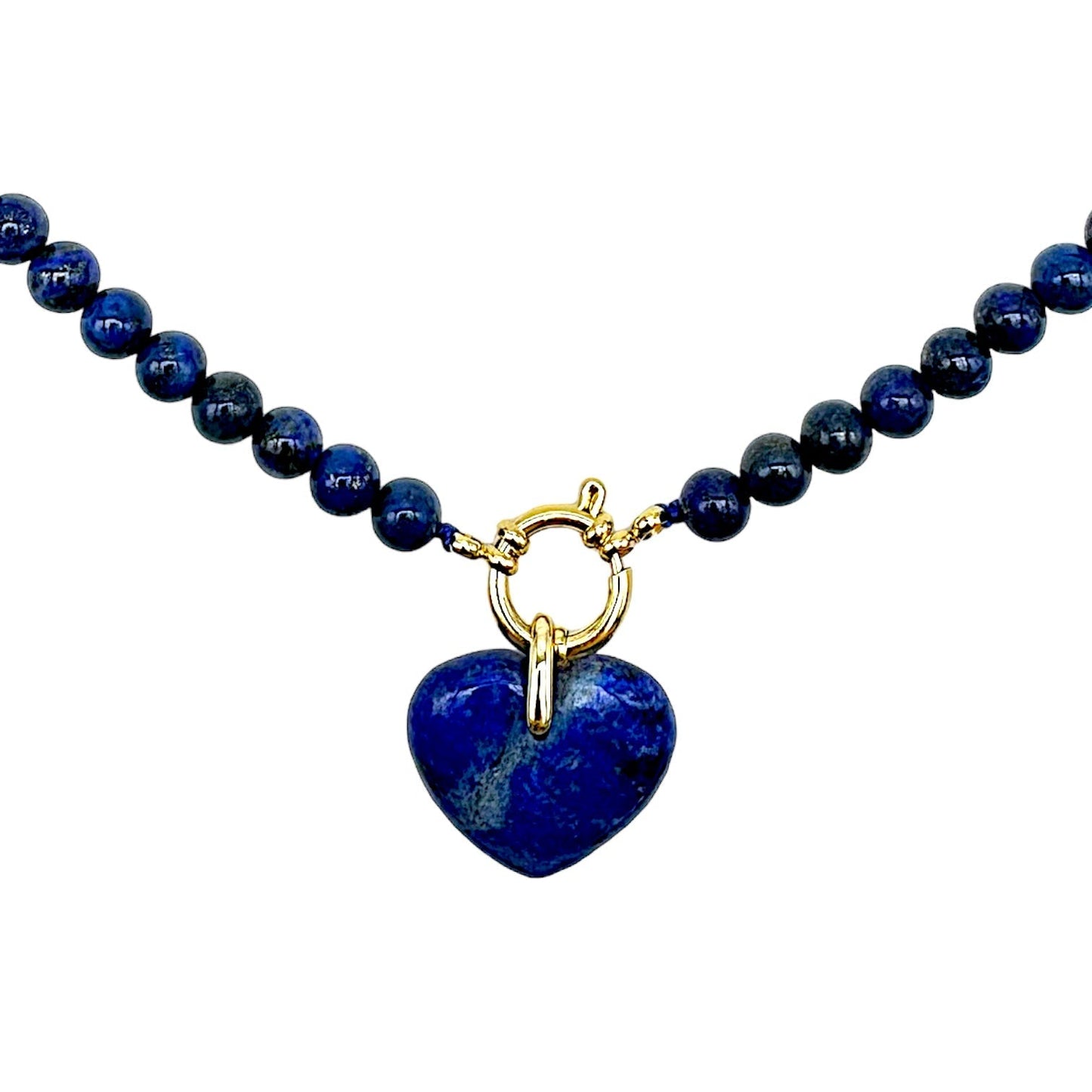 Collier en Lapis Lazuli attache bouée en acier doré avec pendentif coeur