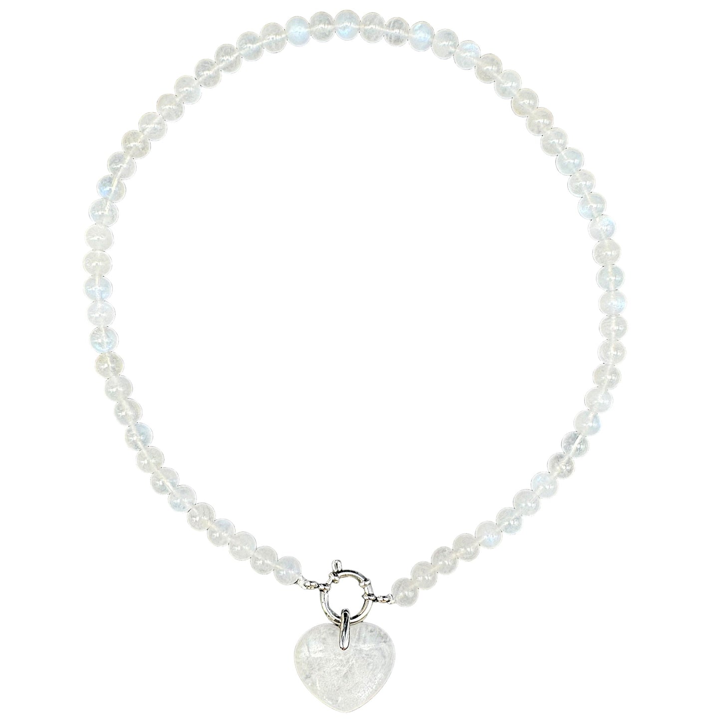 Collier en Pierre de lune bleutée attache bouée en acier argenté avec pendentif coeur