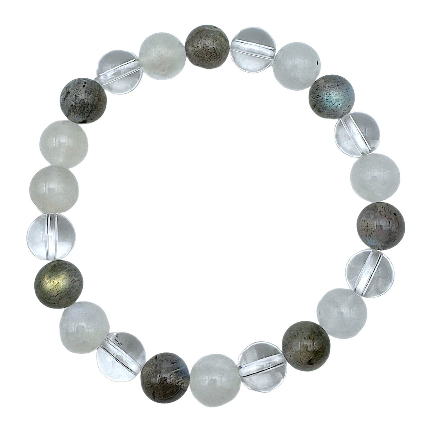 Bracelet Énergie spirituelle AA — Pierre de lune bleutée A, Labradorite A & cristal de roche (numéro 8)