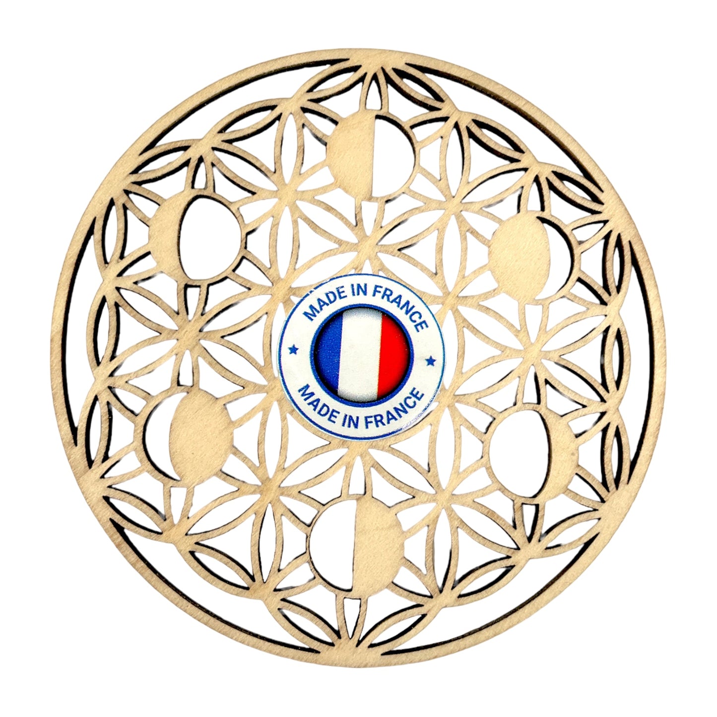 Plaque fleur de vie avec les phases de la lune en bois 10 cm