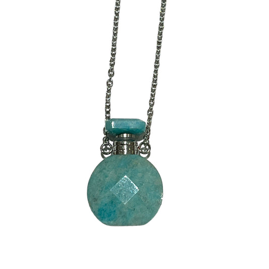 Collier fiole en amazonite forme ronde pour huile essentielle/parfum